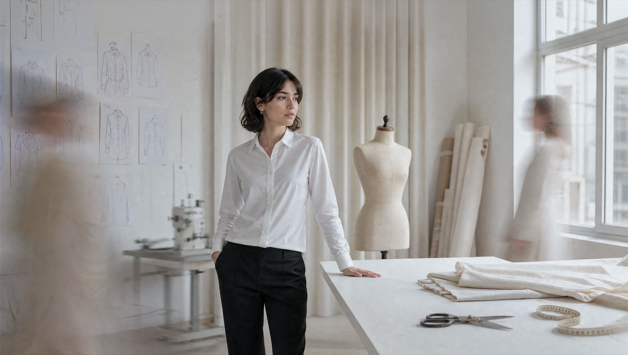 Diseñadora con camisa ejecutiva blanca junto a la mesa de corte de un taller de patronaje, con maniquí de sastre y bocetos de camisas en la pared